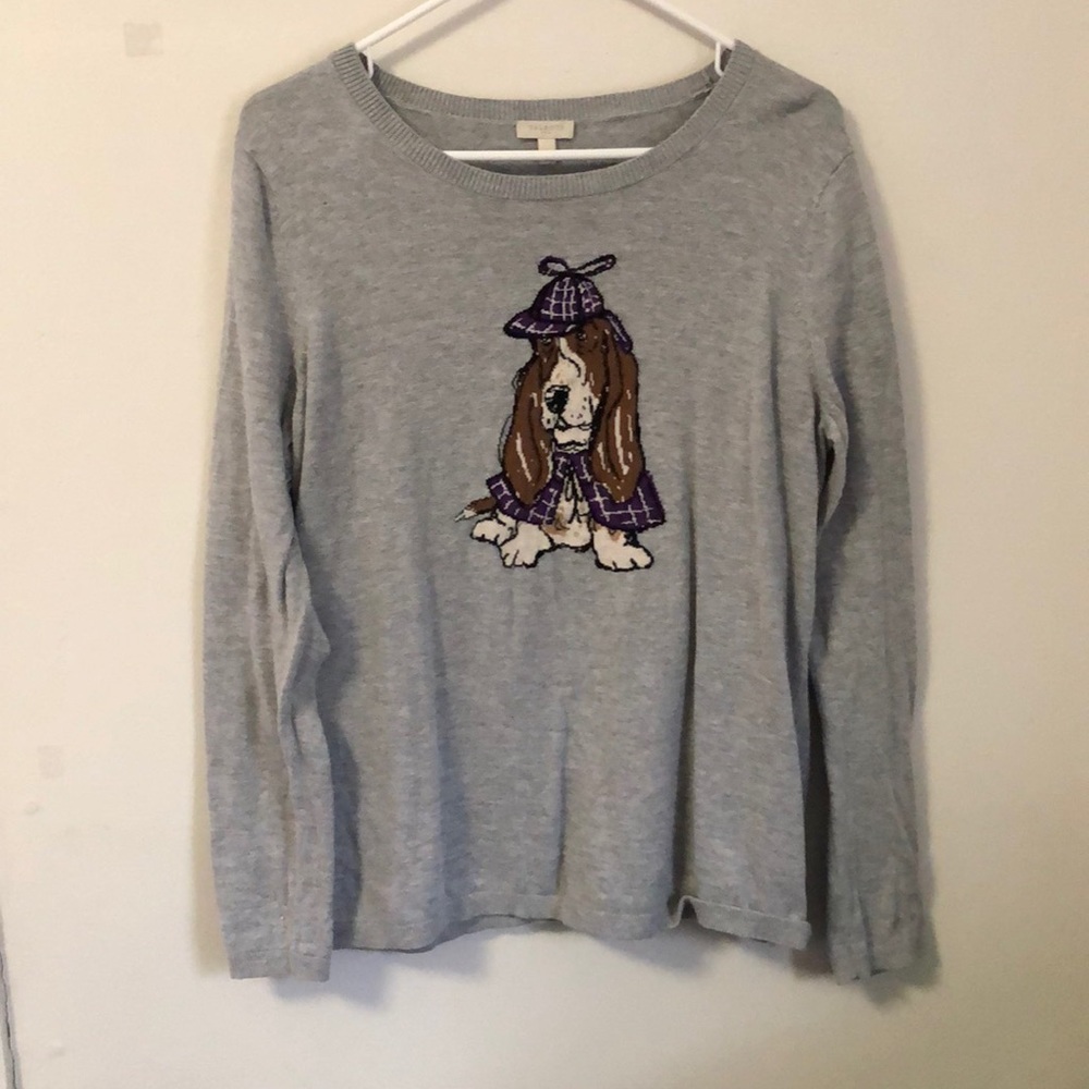 Grey sweater. Cute dog. Vintage.